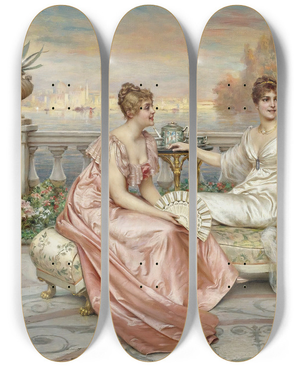 Triptych art skateboard deck of Frdric Soulacroix Tea On The Terrace by Frederic Soulacroix (1858-1933)