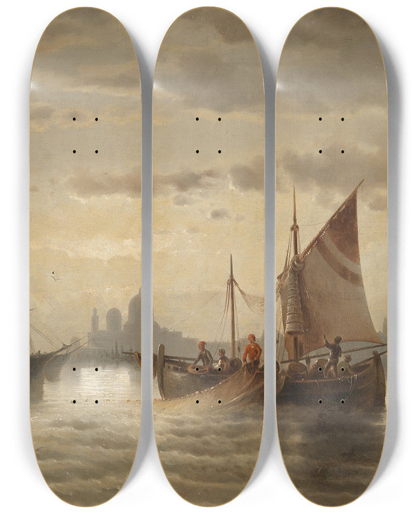 Triptych art skateboard deck of Albert Rieger Segelschiffe Vor Venedig by Albert Rieger (1934-1905)