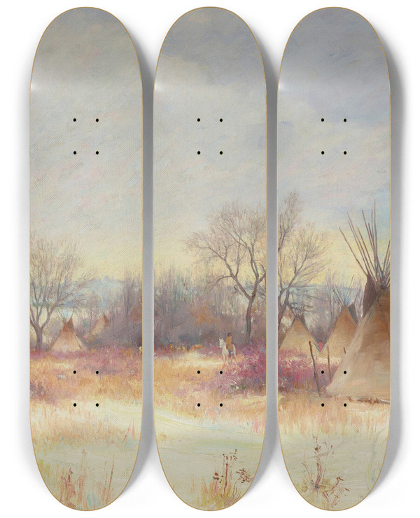 Triptych art skateboard deck of Joseph Henry Sharp Indian Encampment by Joseph Henry Sharp (1859-1953)
