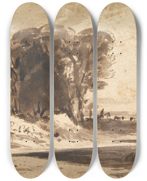 Triptych art skateboard deck of John Varley Trees On A Knoll By A Stream by John Varley (1778-1842)