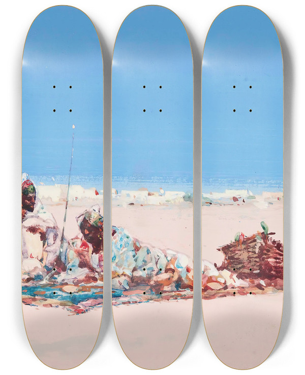 Triptych art skateboard deck of Dudley Hardy Traders In The Desert by Dudley Hardy (1867-1922)