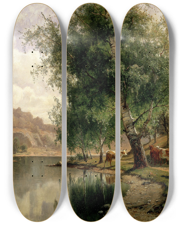 Triptych art skateboard deck of Edvard Bergh Summer Landscape by Edvard Bergh (1828-1880)