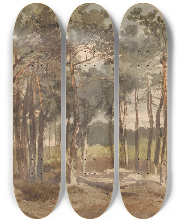 Triptych art skateboard deck of Charles Rochussen Boomgroep In De Bossen Bij Driebergen by Charles Rochussen (1814-1894)