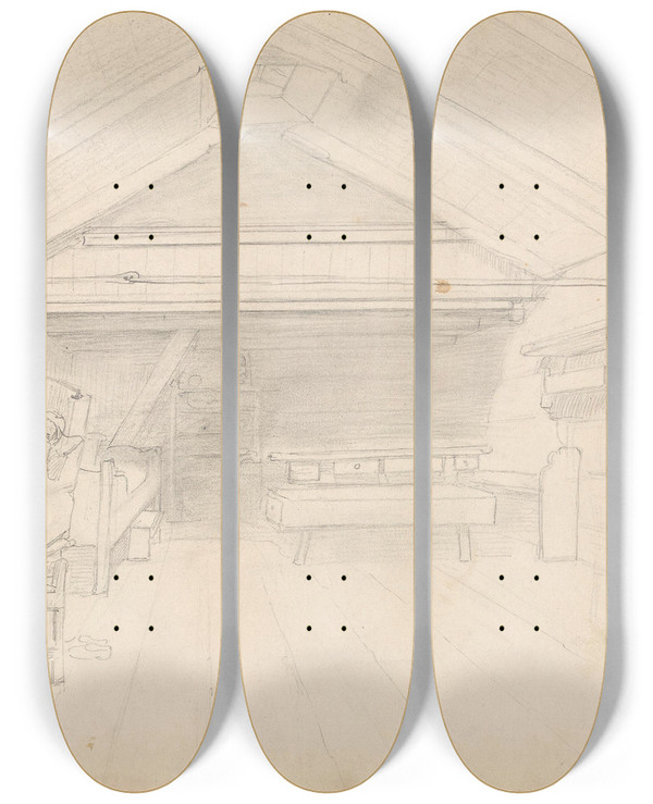 Triptych art skateboard deck of Adolph Tidemand Interir Mlster P Voss_1 by Adolph Tidemand (1814-1876)