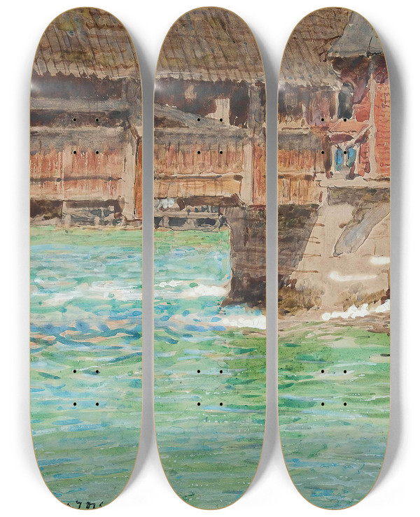 Triptych art skateboard deck of Albert Goodwin Dance Of Death Bridge Lucerne by Albert Goodwin (1845-1932)