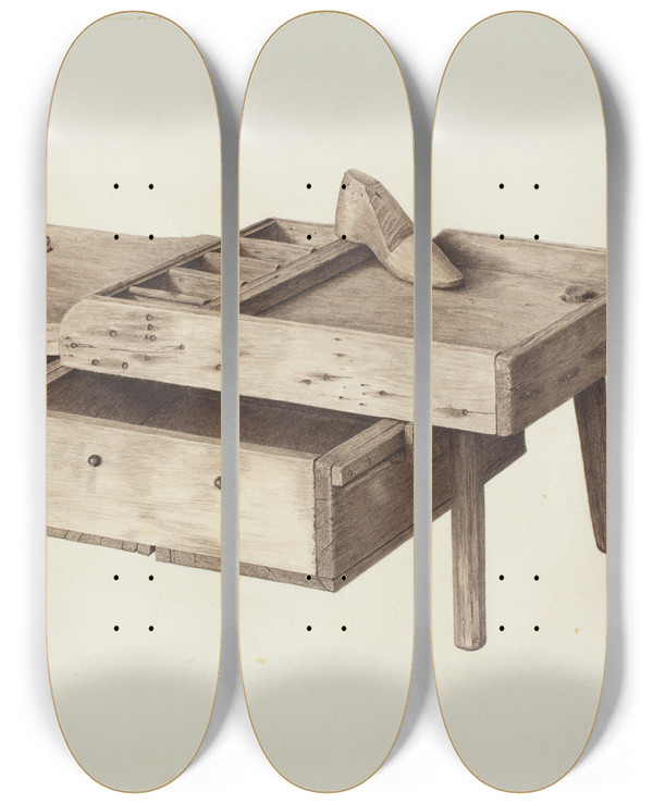 Triptych art skateboard deck of Pearl Davis Shoemakers Bench by Pearl Davis