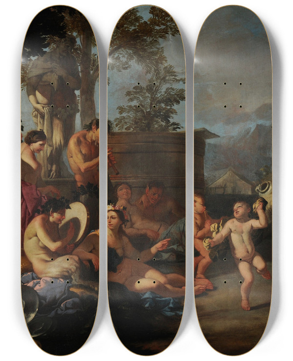 Triptych art skateboard deck of Giulio Carpioni Bacchanale by Giulio Carpioni (1613-1678)