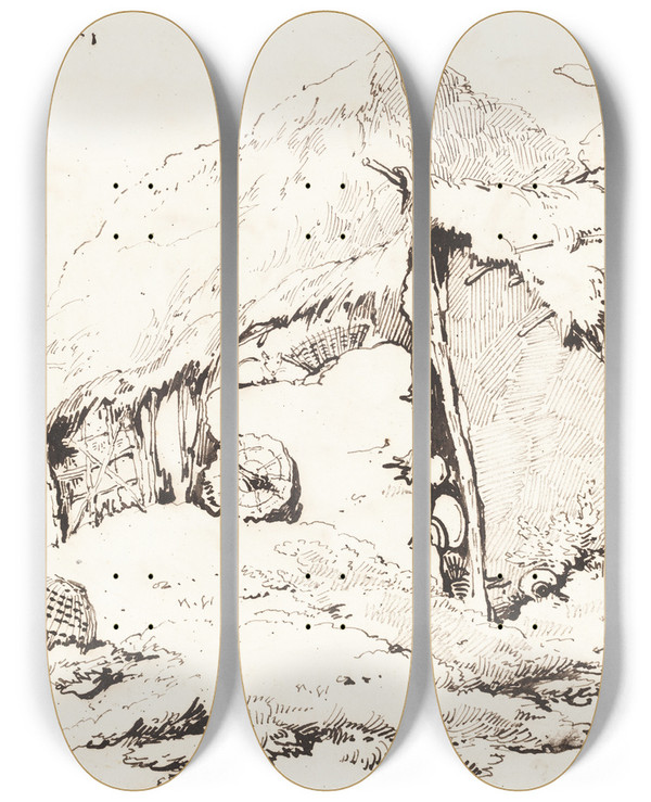 Triptych art skateboard deck of George Chinnery A Village Hut In India Recto by George Chinnery (1774-1852)
