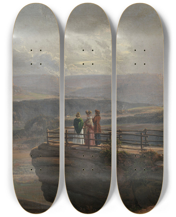 Triptych art skateboard deck of Johan Christian Dahl View From Bastei by Johan Christian Dahl (1788-1857)