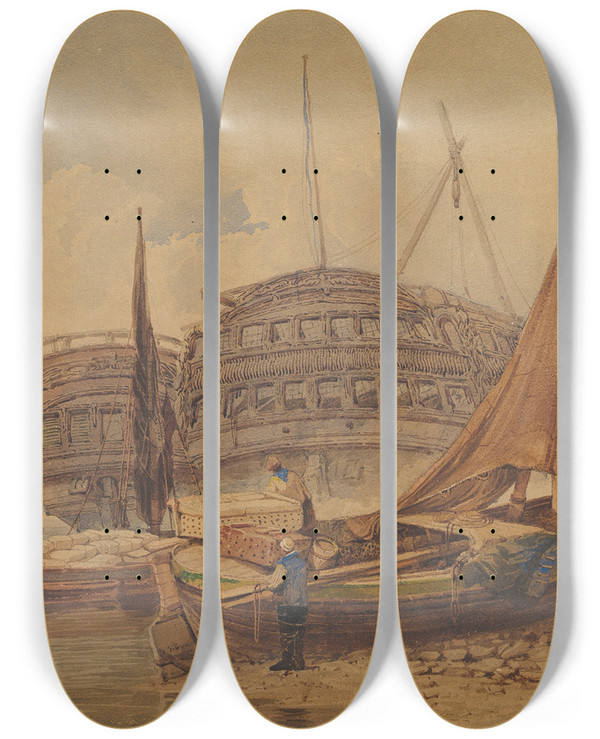 Triptych art skateboard deck of Samuel Prout Coastal Scene With Beached Boats In Foreground by Samuel Prout (1783-1852)