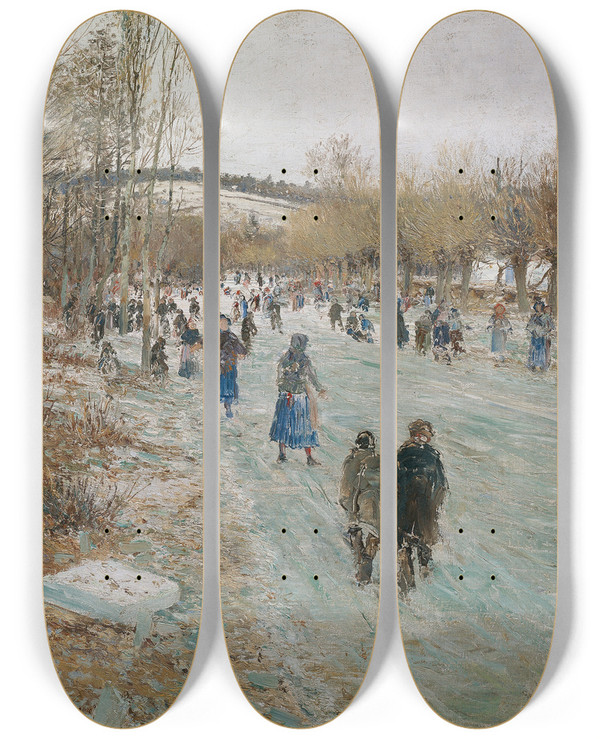 Triptych art skateboard deck of Theodor Von Hrmann Eislufer Auf Der Thaya Bei Lundenburg by Theodor Von Hormann (1840-1895)