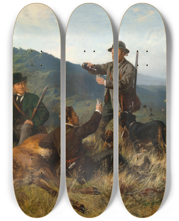 Triptych art skateboard deck of Carl Friedrich Deiker A Successful Hunt by Carl Friedrich Deiker (1836-1892)