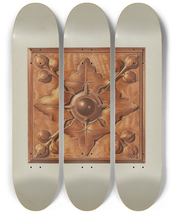 Triptych art skateboard deck of Michael Riccitelli Mantel Carving by Michael Riccitelli