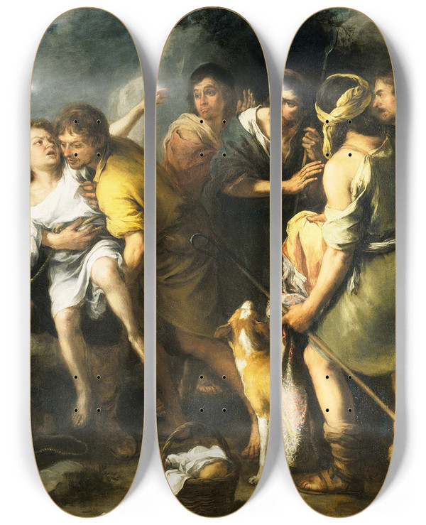 Triptych art skateboard deck of Bartolom Estebn Murillo Joseph And His Brethren by Bartolome Esteban Murillo (1617-1682)