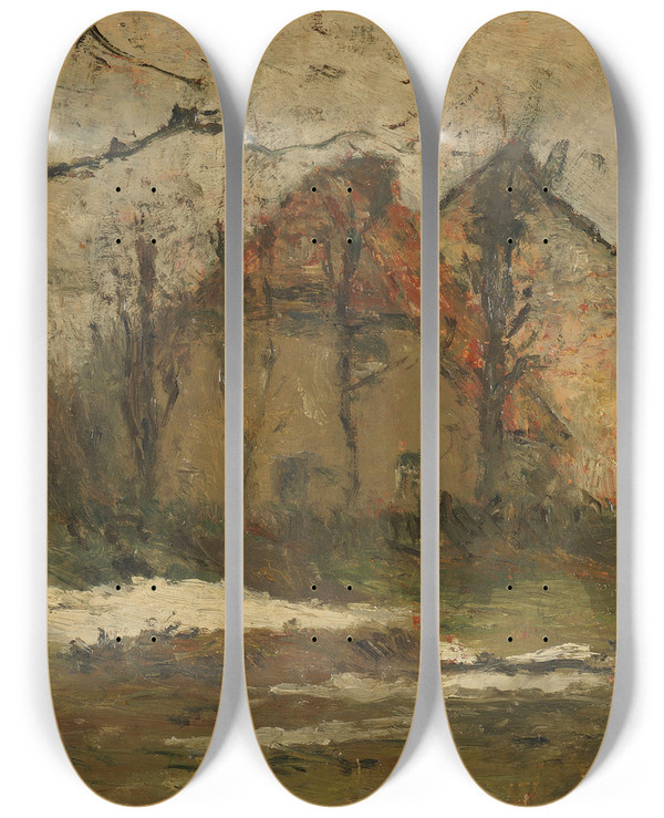 Triptych art skateboard deck of Rudolf Hckner Der Letzte Schnee by Rudolf Hockner (1864-1942)