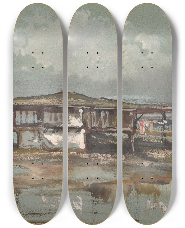 Triptych art skateboard deck of Alexandregabriel Decamps A House In Turkey_2 by Alexandre-Gabriel Decamps (1803-1860)
