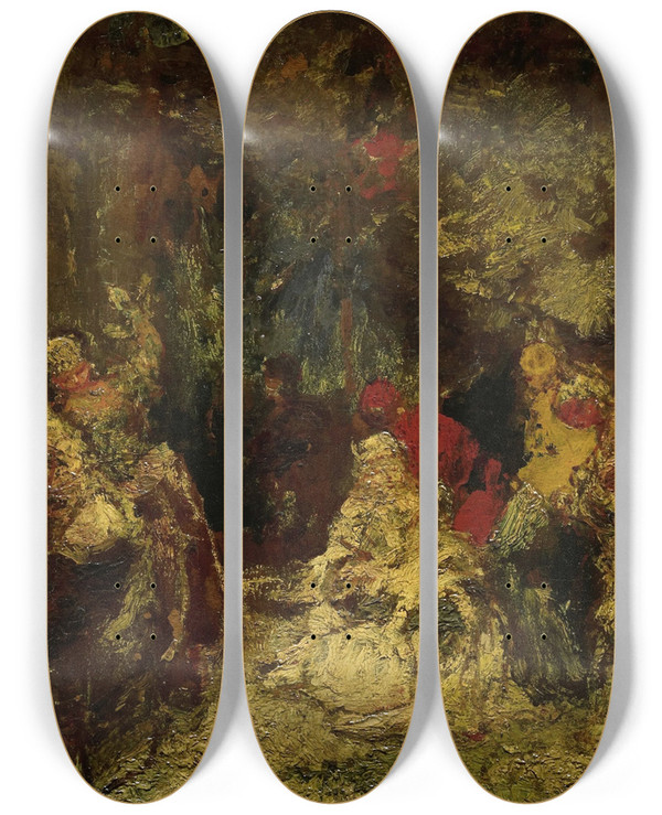 Triptych art skateboard deck of Adolphe Monticelli Women In A Forest by Adolphe Monticelli (1824-1886)