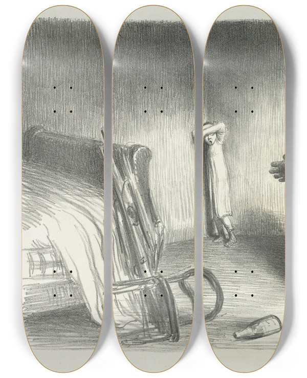 Triptych art skateboard deck of Jean Veber Perdue by Jean Veber (1864-1928)