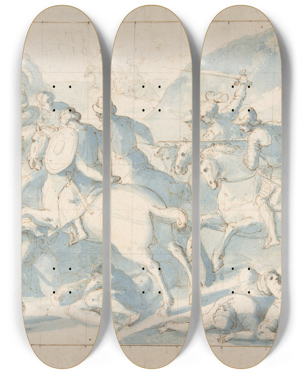 Triptych art skateboard deck of Belisario Corenzio Battle Scene by Belisario Corenzio (1558-1643)