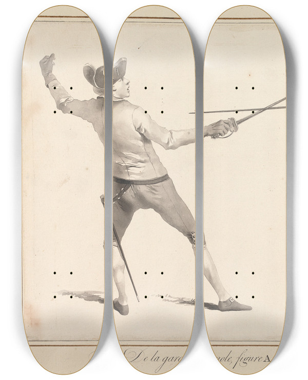 Triptych art skateboard deck of James Gwin De La Garde Espagnole Figure A Attaque Par La Garde Franoise by James Gwin (1720-1769)