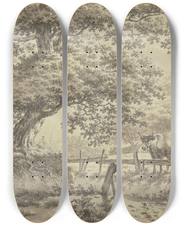 Triptych art skateboard deck of Jacob Cats Bei Einer Groen Eiche Aufgehngte Wsche Rechts Hinter Einem Zaune Zwei Khe by Jacob Cats (1741-1799)