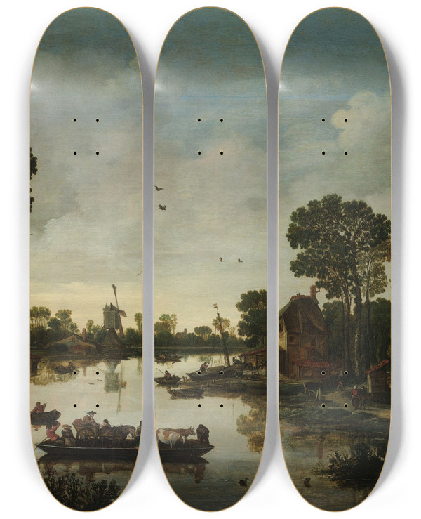 Triptych art skateboard deck of Esaias Van De Velde The Cattle Ferry by Esaias van de Velde (1587-1630)