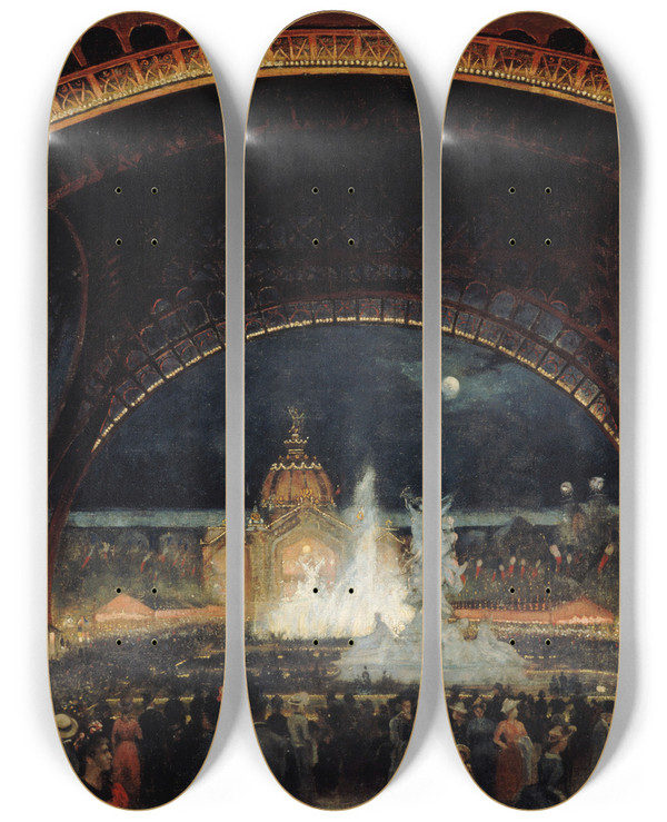 Triptych art skateboard deck of George Roux Fte De Nuit Lexposition Universelle De 1889 Sous La Tour Eiffel by George Roux (1853-1929)