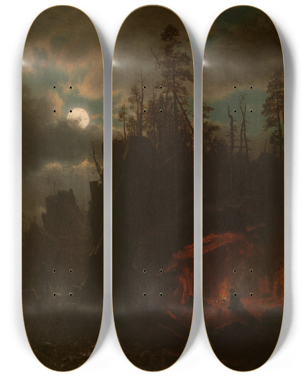 Triptych art skateboard deck of Albert Bierstadt The Trapperscamp by Albert Bierstadt (1830-1902)