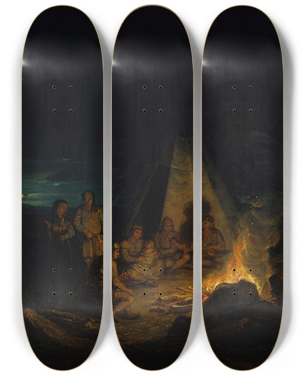 Triptych art skateboard deck of Alexander Laurus Laplanders Around A Fire by Alexander Laureus (1783-1823)