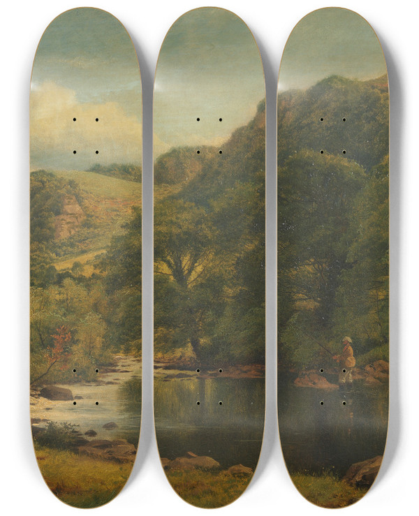 Triptych art skateboard deck of Benjamin Williams Leader A Tranquil Spot by Benjamin Williams Leader (1831-1923)