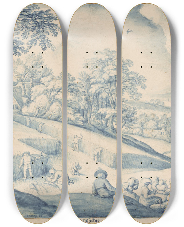 Triptych art skateboard deck of Jacob Savery The Elder August by Jacob Savery The Elder (1545-1602)