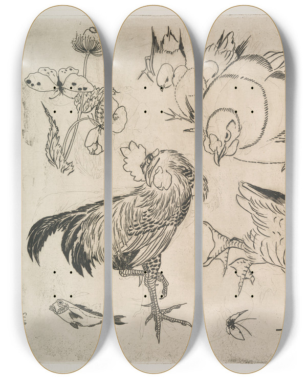 Triptych art skateboard deck of Flix Bracquemond Coqs Canards Etc by Felix Bracquemond (1833-1914)