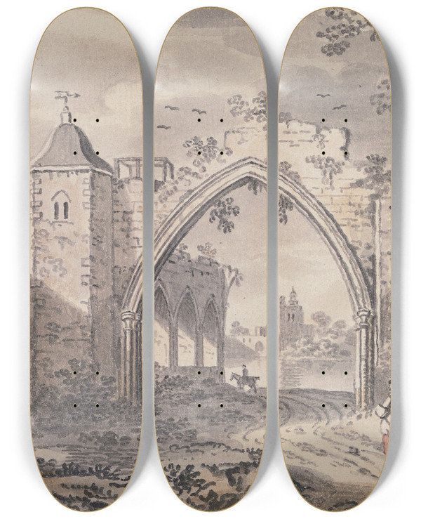 Triptych art skateboard deck of John Collet Ecclesiastical Ruins Beside The Thames by John Collet (1725-1780)