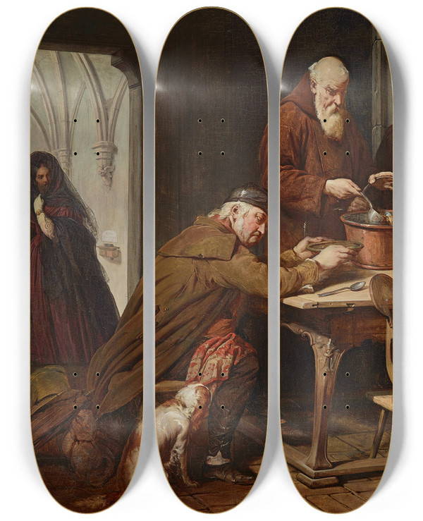 Triptych art skateboard deck of Josef Danhauser Die Klostersuppe by Josef Danhauser (1805-1845)