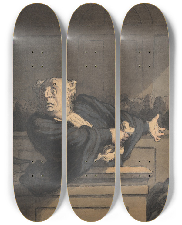 Triptych art skateboard deck of Honor Daumier Le Dfenseur Counsel For The Defense by Honore Daumier (1808-1879)