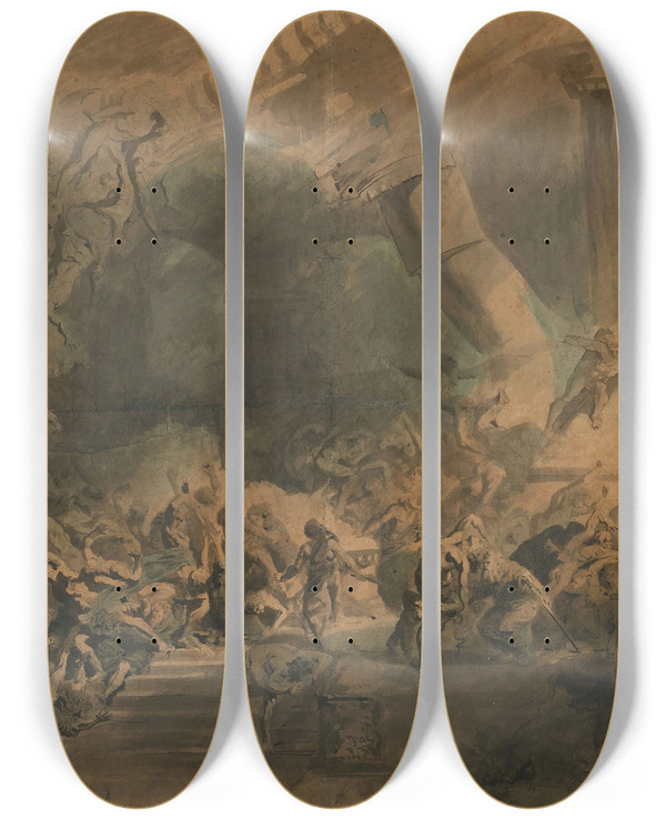 Triptych art skateboard deck of Gustave Dor Samson Dans Le Temple De Dagon by Gustave Dore (1832-1883)