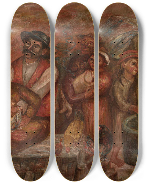 Triptych art skateboard deck of Tadeusz Makowski Villagers by Tadeusz Makowski (1882-1932)