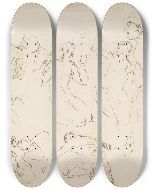 Triptych art skateboard deck of Francesco Curia Standing And Kneeling Figures And Studies Of Flying Putti by Francesco Curia (1538-1610)