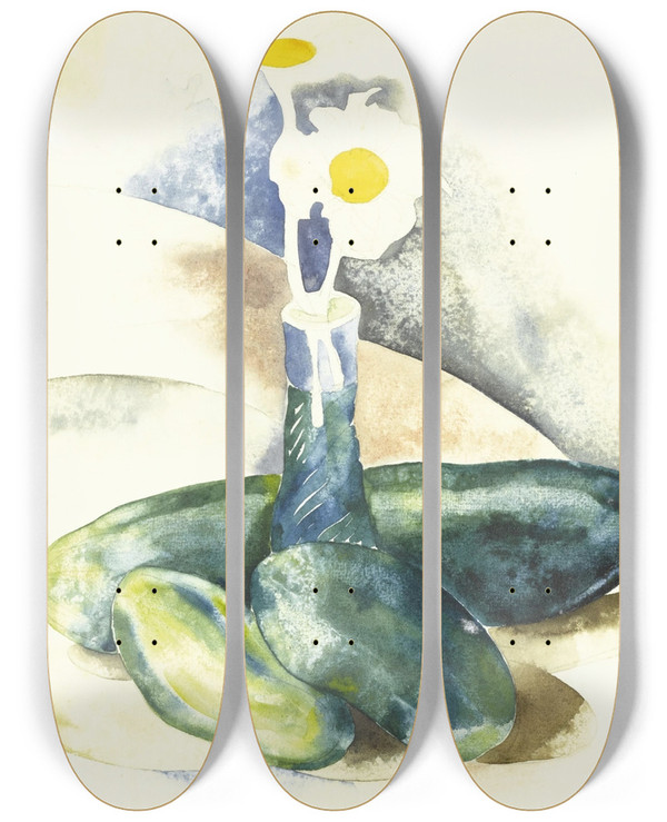 Triptych art skateboard deck of Charles Demuth Cucumbers And A Flask Of Daisies by Charles Demuth (1883-1935)