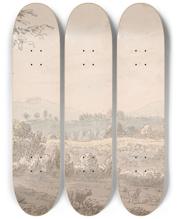 Triptych art skateboard deck of Anthony Devis Landscape With Shepherd And Sheep by Anthony Devis (1729-1816)