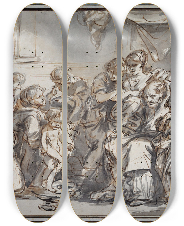 Triptych art skateboard deck of Jeanbaptiste Greuze Domestic Scene by Jean-Baptiste Greuze (1725-1805)