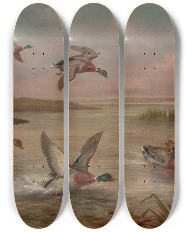 Triptych art skateboard deck of Edgar Hunt Ducks by Edgar Hunt (1876-1953)