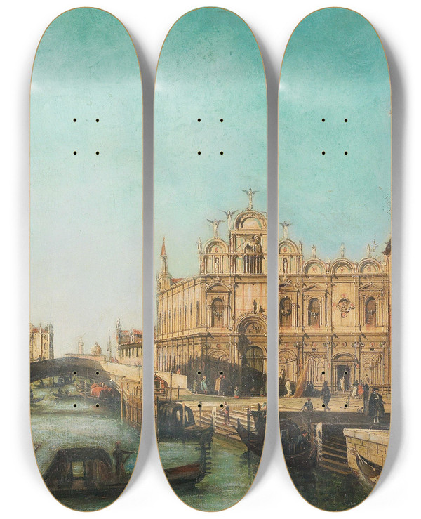 Triptych art skateboard deck of Francesco Zanin Venetian Scene by Francesco Zanin (1824-1884)