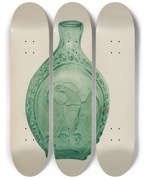 Triptych art skateboard deck of Vl Vance Green Glass Flask by V.L. Vance
