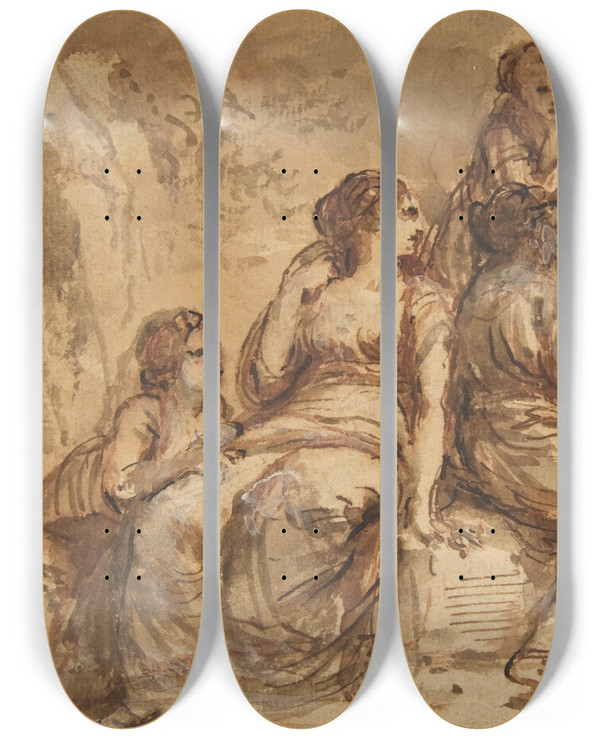 Triptych art skateboard deck of Francesco Zuccarelli Five Young Women In A Landscape by Francesco Zuccarelli (1702-1788)