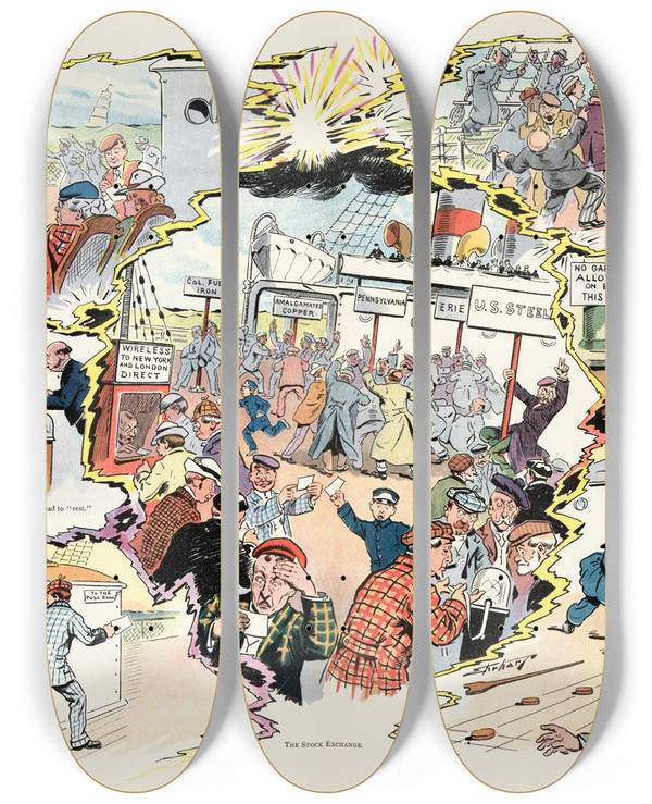 Triptych art skateboard deck of Samuel Ehrhart Gambling By Wireless by Samuel Ehrhart (1862-1937)