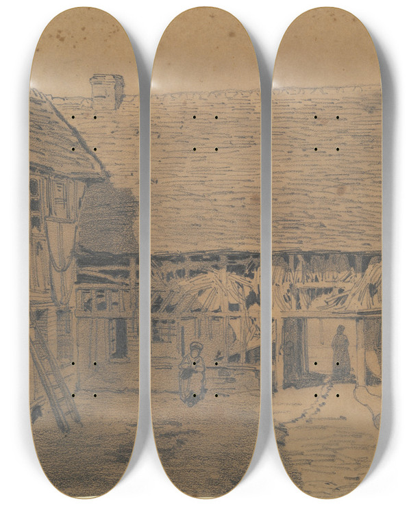 Triptych art skateboard deck of Mile Frdric Nicolle Barnyardscene by mile Frdric Nicolle (1830-1894)