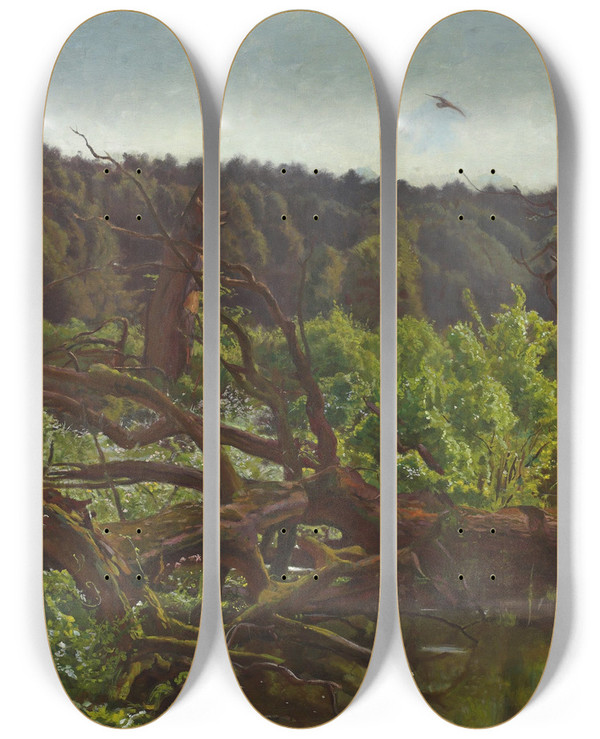 Triptych art skateboard deck of Jozef Chelmonski Deep Forest Windthrows by Jozef Chelmonski (1849-1914)