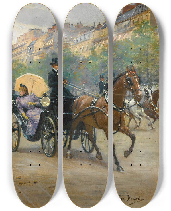 Triptych art skateboard deck of Jean Braud Scne Sur Les Champslyses by Jean Beraud (1849-1935)