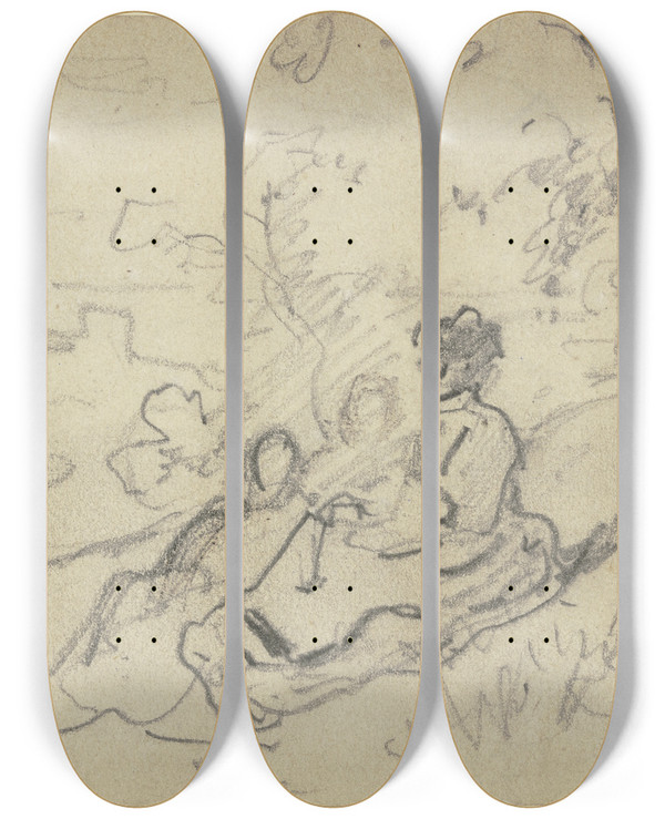 Triptych art skateboard deck of Philipp Rumpf Gruppe Im Freien Lagernd by Philipp Rumpf (1821-1896)